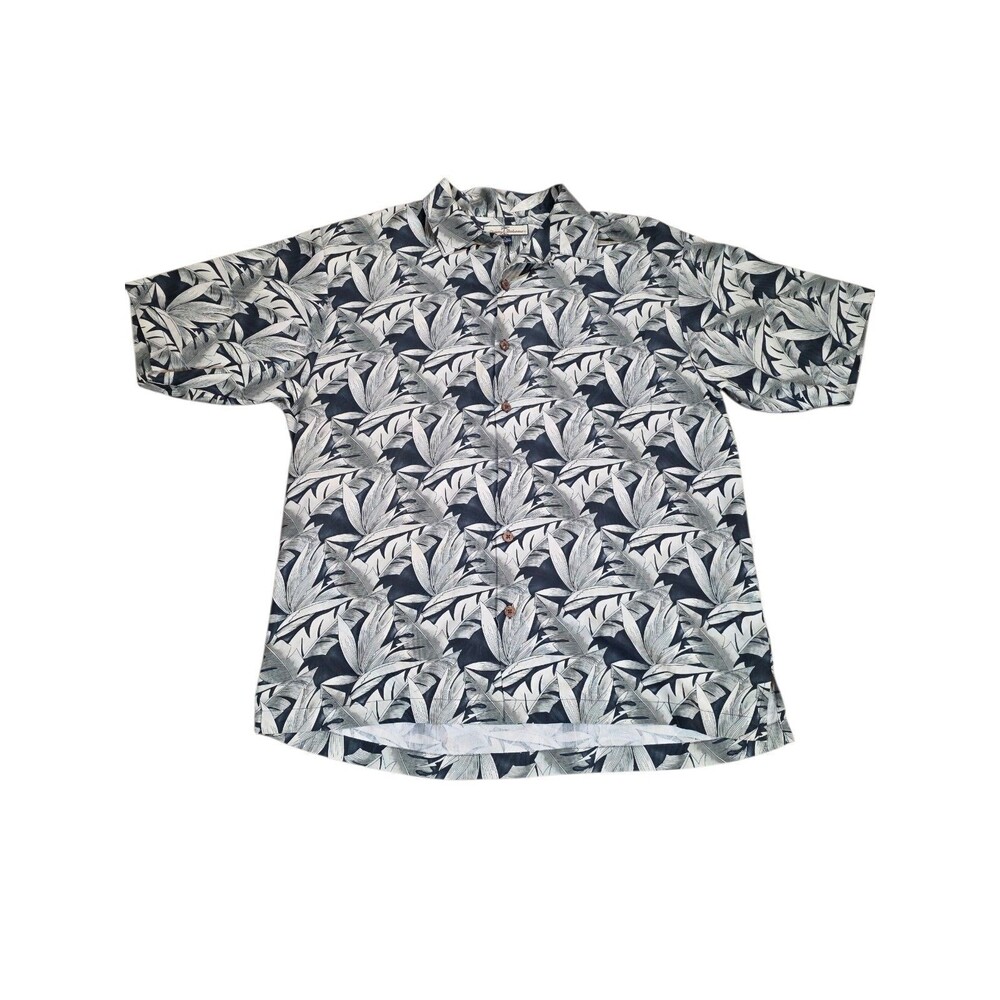 Tommy Bahama Shirt Mens Medium M 100% Silk Black White Tropical Palm Leaf Aloha